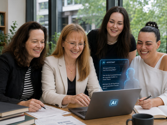 Prof. Dr. Maximiliane Wilkesmann, Dr. Judith Becker, Katharina Hast, and Mona Bassyiouny are looking at a laptop *AI-generated content